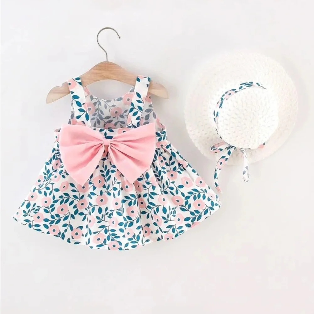 Floral Dress with Pink Bow and Hat